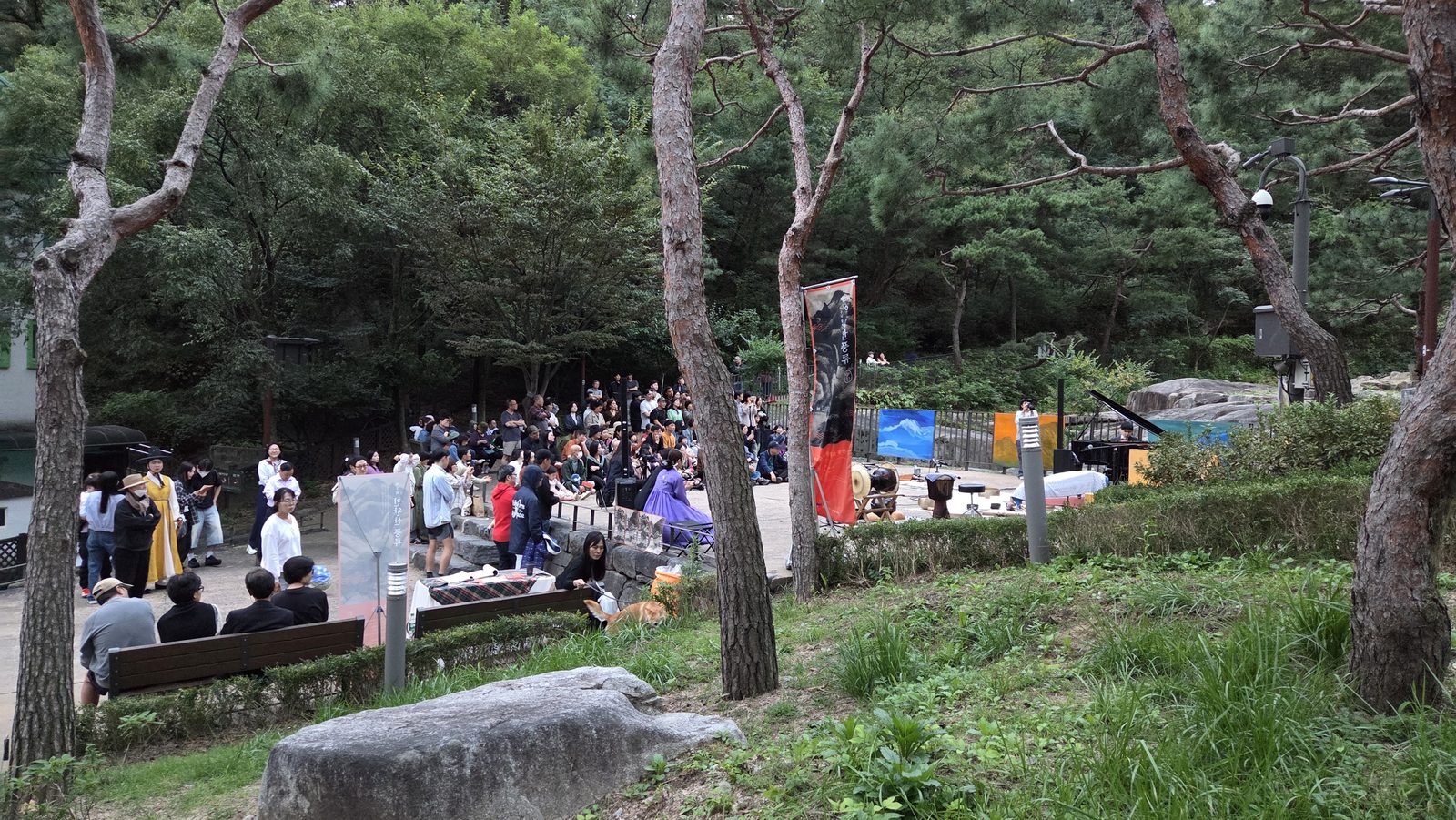 소나무 숲 사이 공연장 전경 — 공연 배너와 피아노, 모여든 관객들